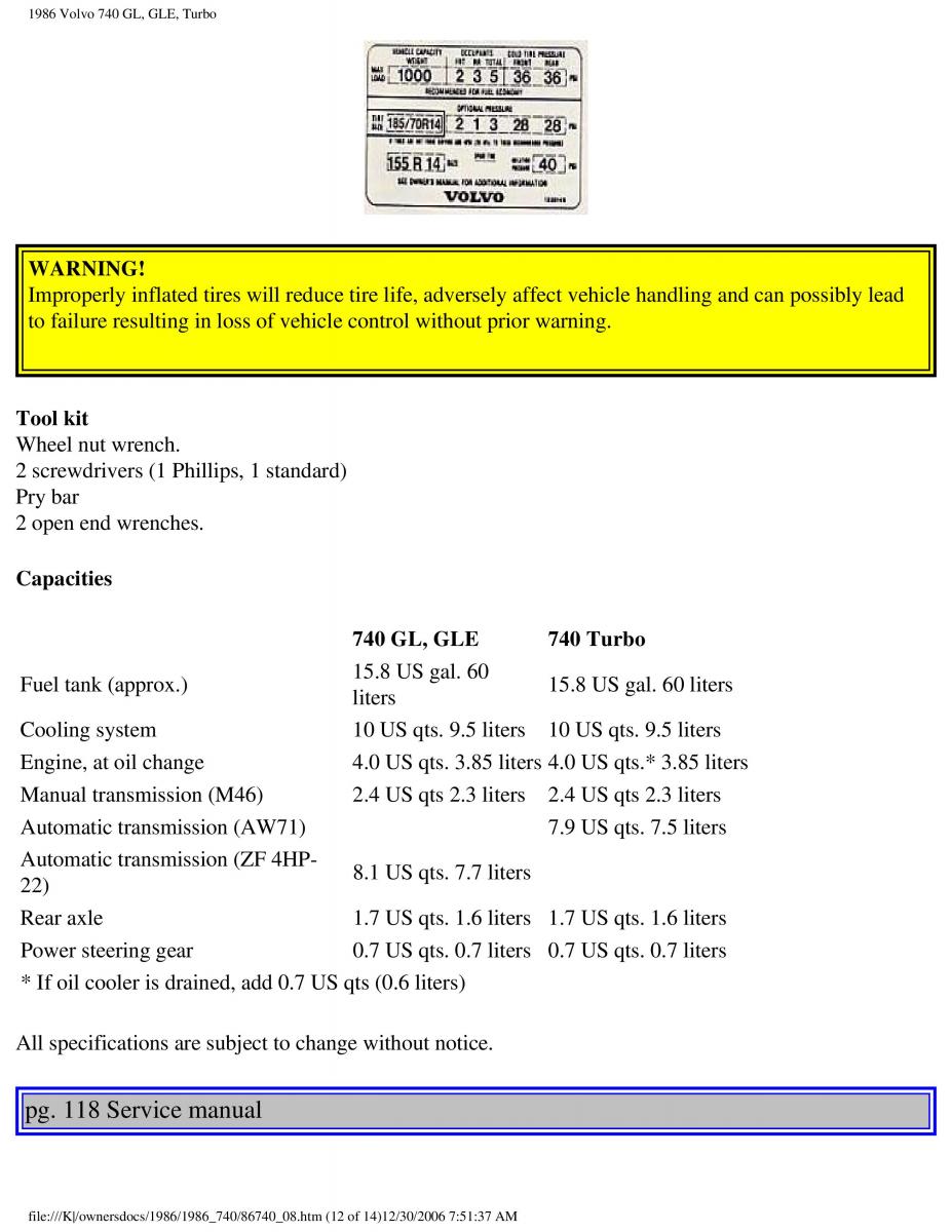 Volvo 740 GL GLE Turbo owners manual / page 130