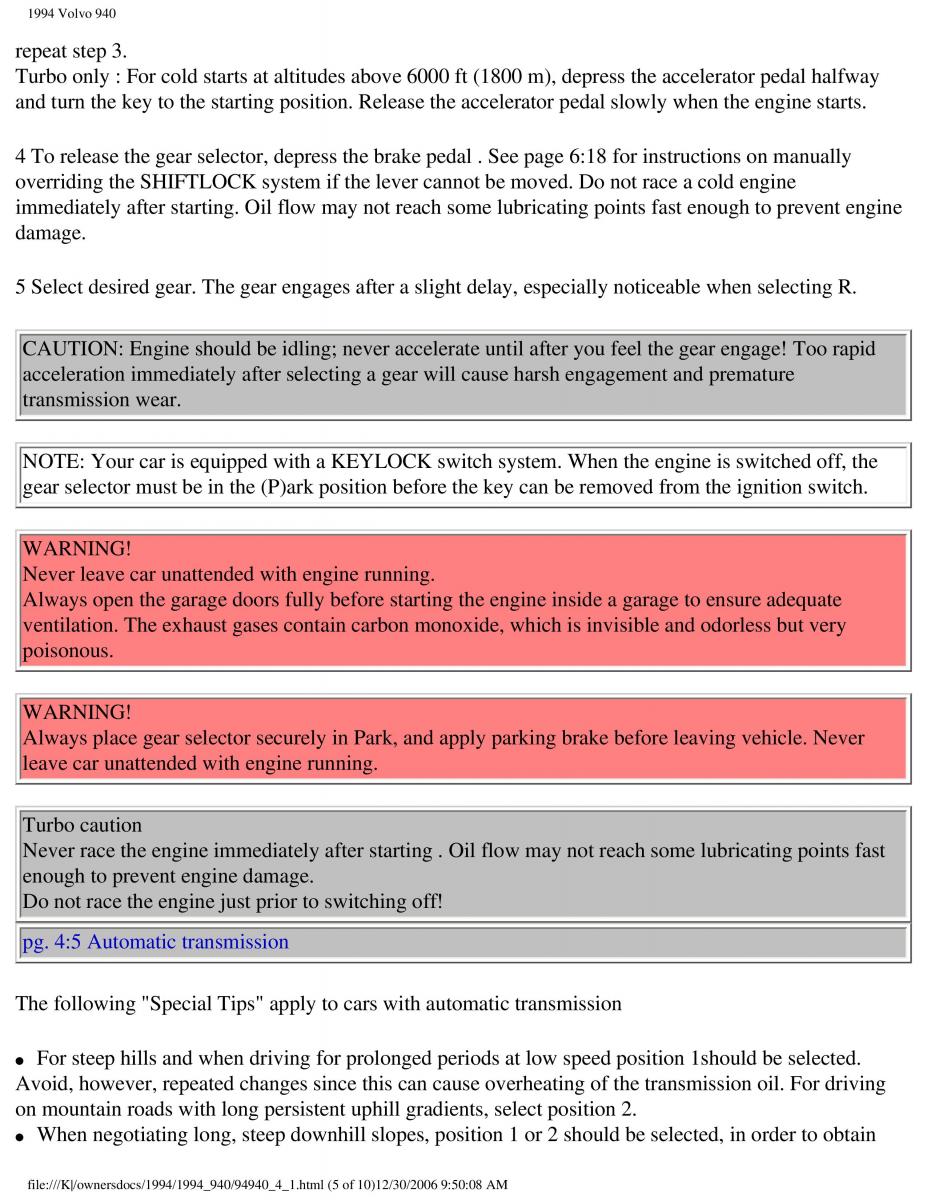 Volvo 940 owners manual / page 111