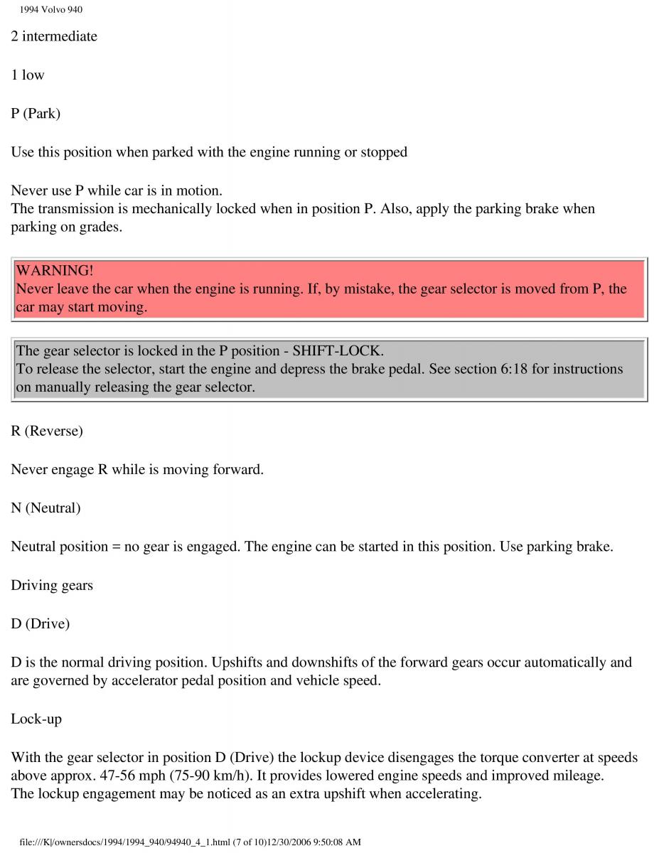 Volvo 940 owners manual / page 113