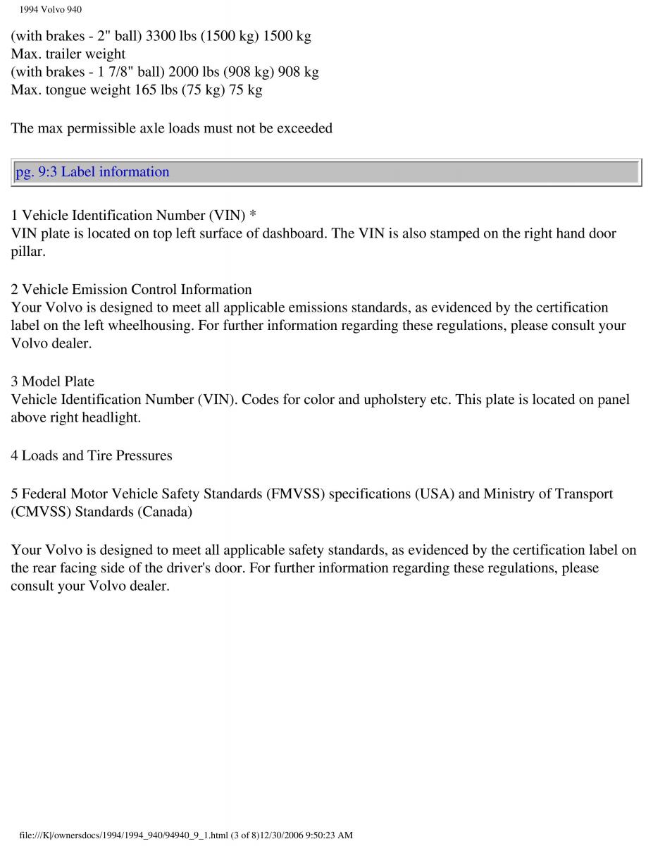 Volvo 940 owners manual / page 191