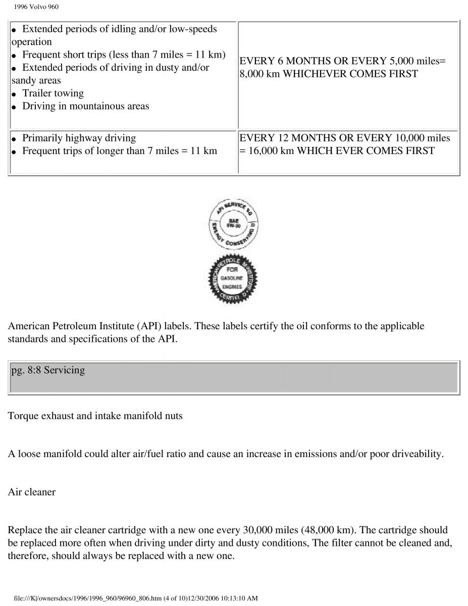 Volvo 960 owners manual / page 226