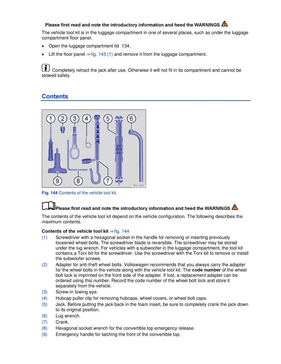 VW Beetle Convertible owners manual / page 262