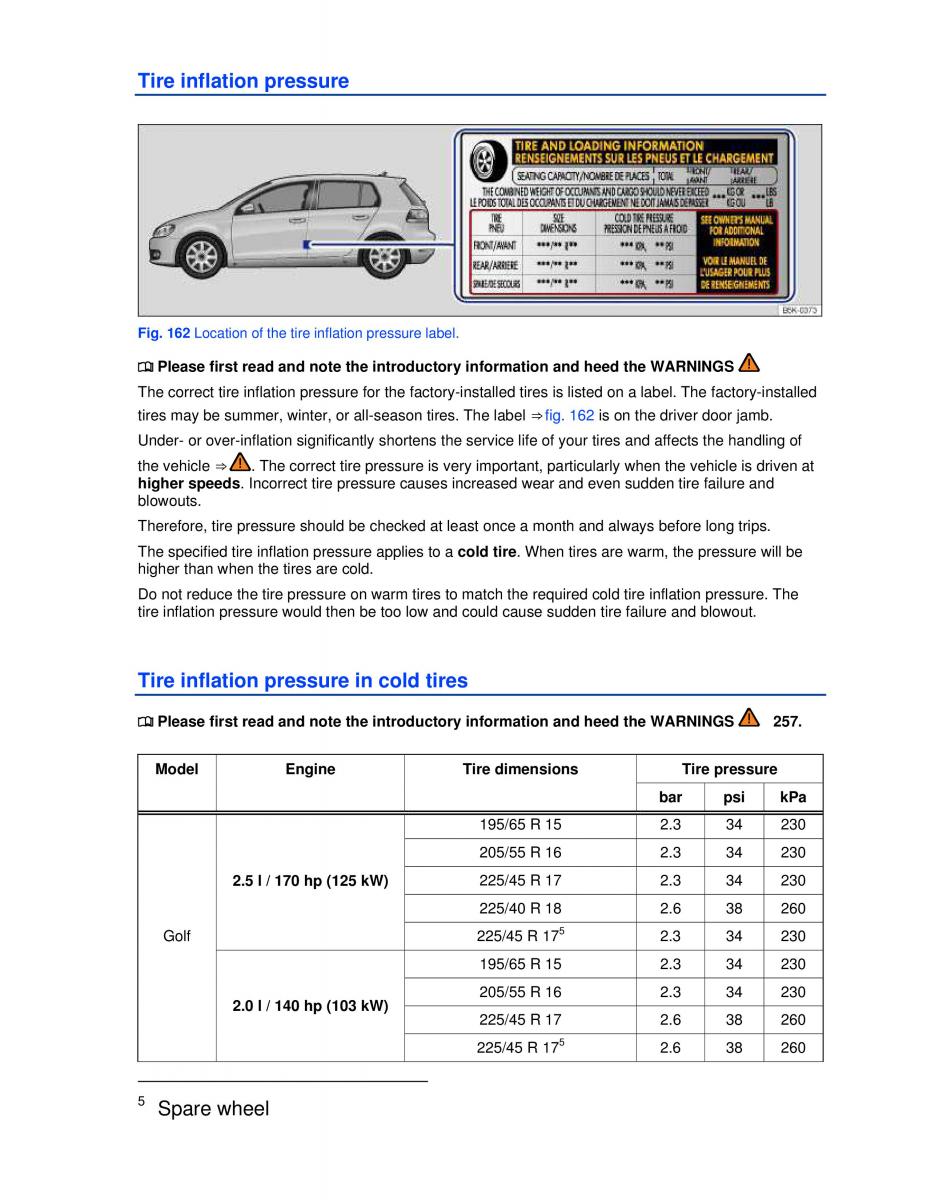 VW Golf VI 6 owners manual / page 252