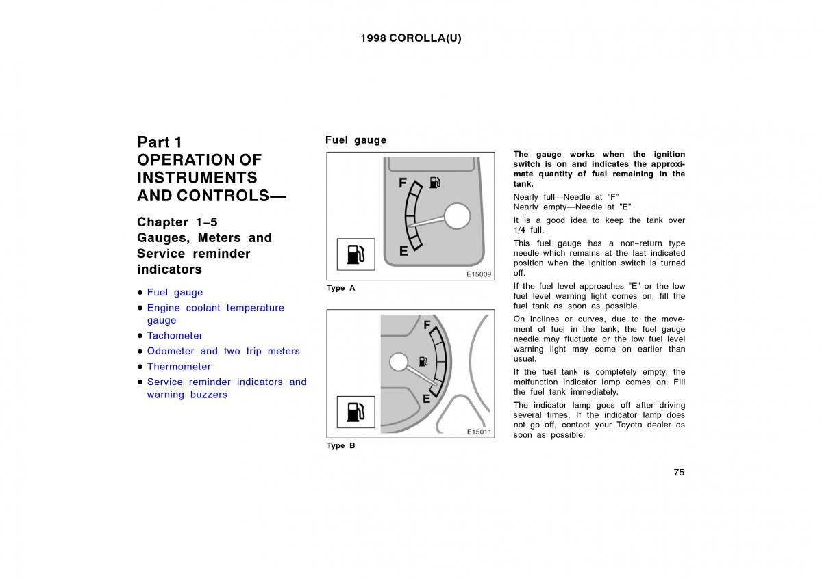 Toyota Corolla VIII 8 E110 owners manual / page 75