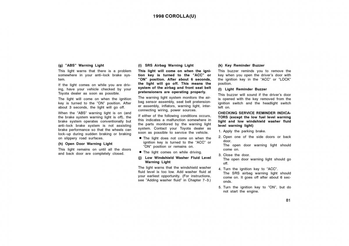 Toyota Corolla VIII 8 E110 owners manual / page 81