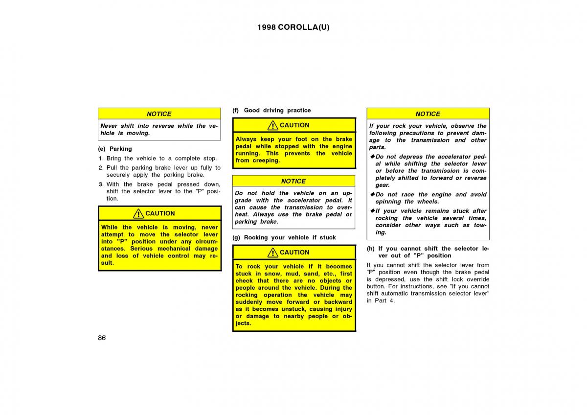 Toyota Corolla VIII 8 E110 owners manual / page 86