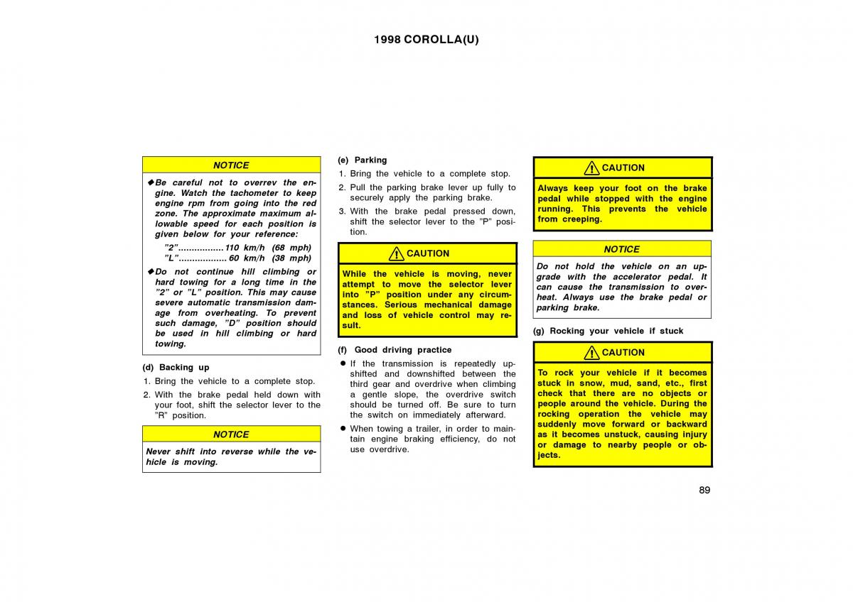 Toyota Corolla VIII 8 E110 owners manual / page 89