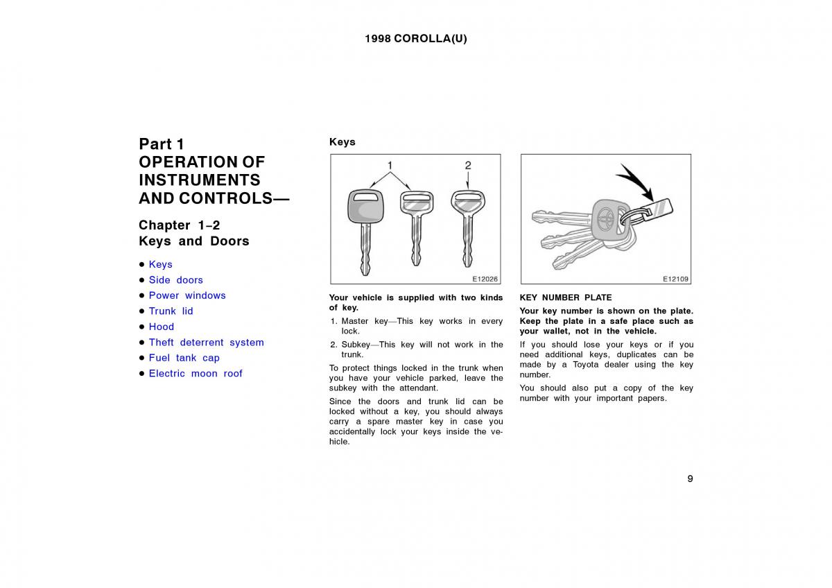 Toyota Corolla VIII 8 E110 owners manual / page 9