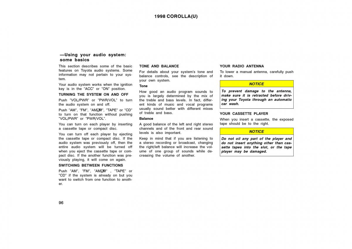 Toyota Corolla VIII 8 E110 owners manual / page 96