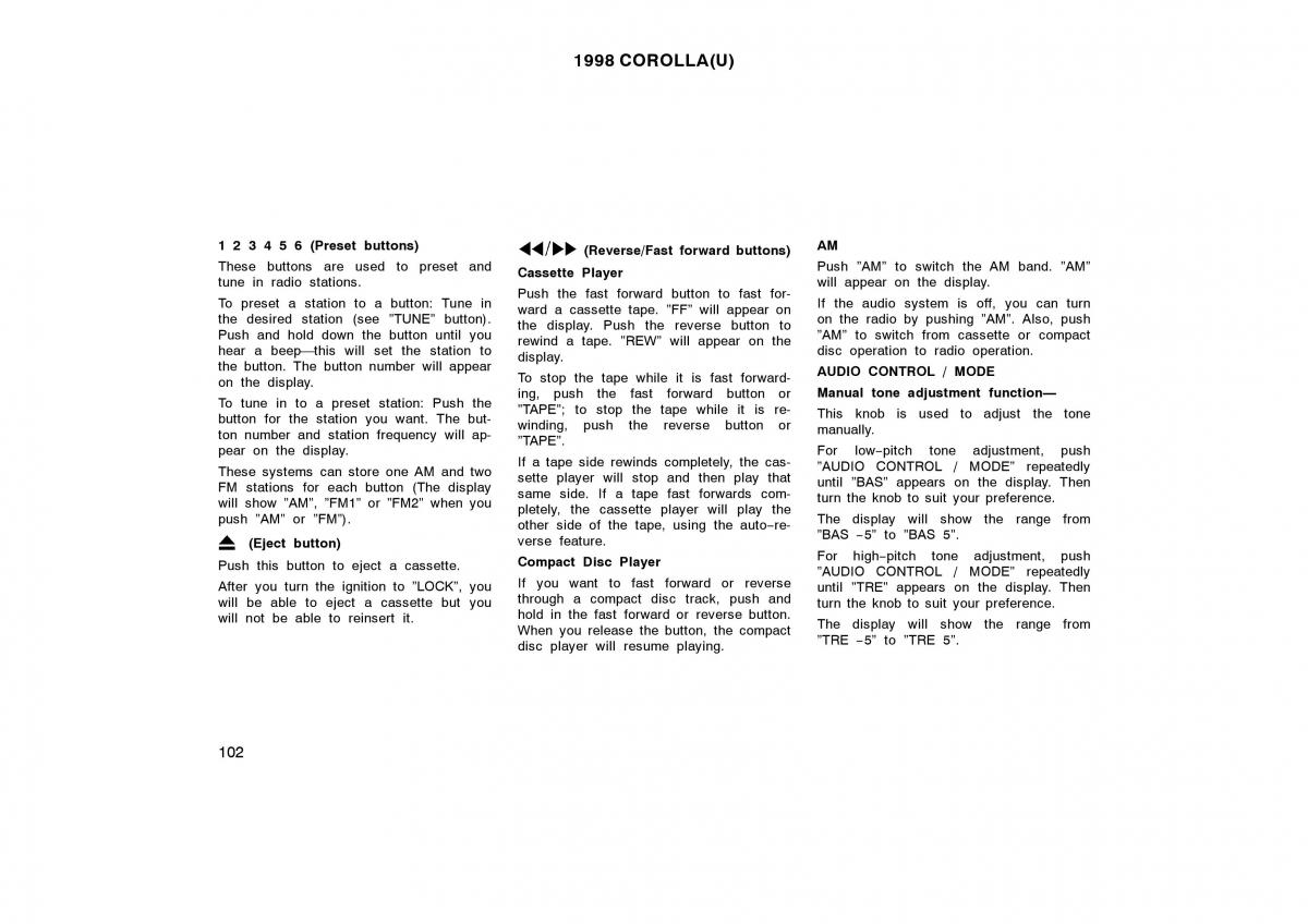 Toyota Corolla VIII 8 E110 owners manual / page 102