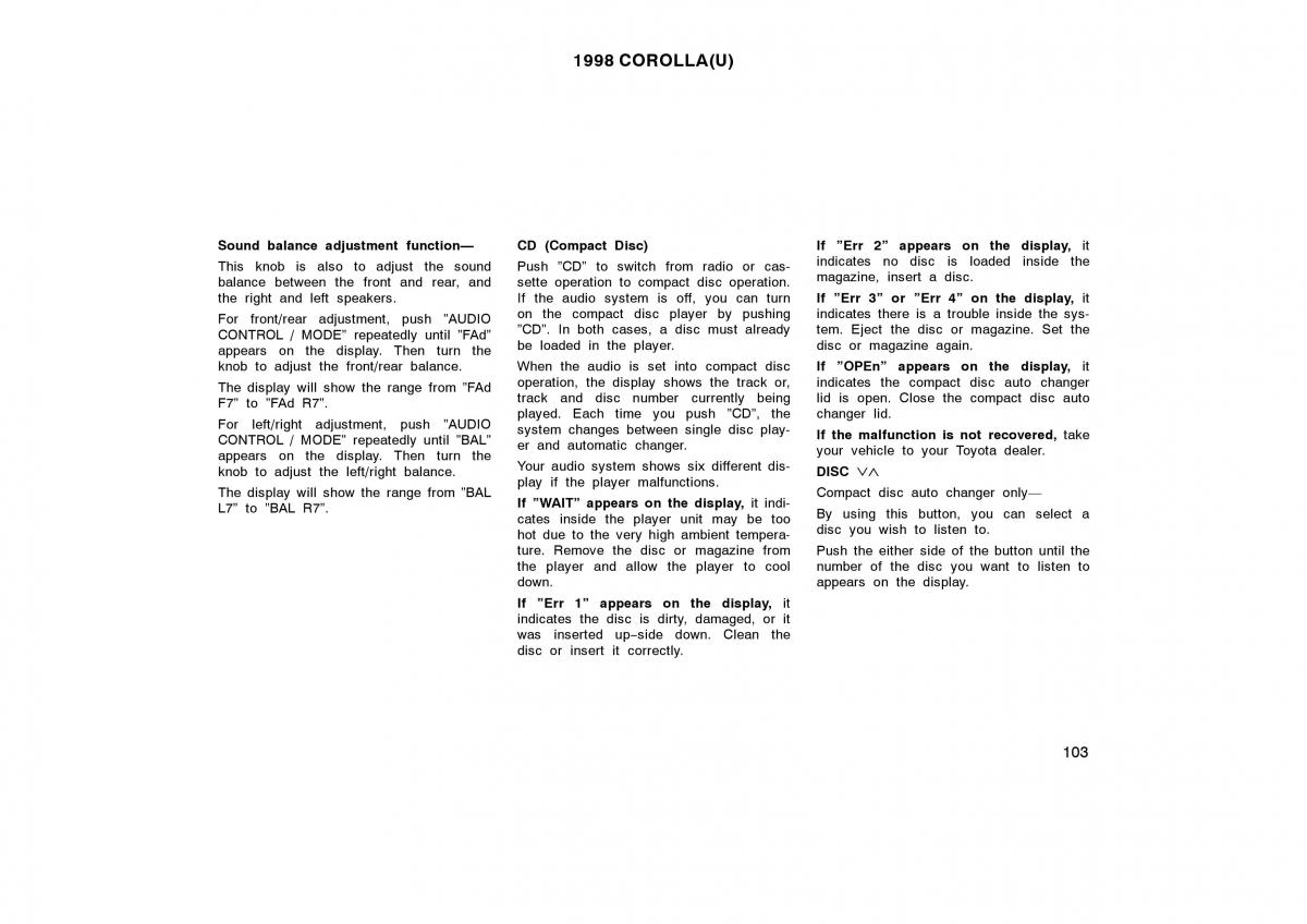 Toyota Corolla VIII 8 E110 owners manual / page 103