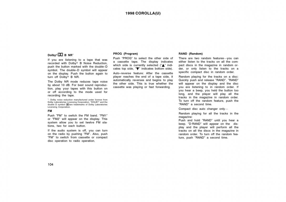 Toyota Corolla VIII 8 E110 owners manual / page 104