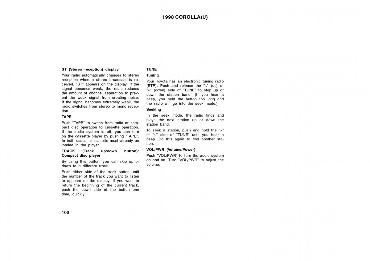 Toyota Corolla VIII 8 E110 owners manual / page 106