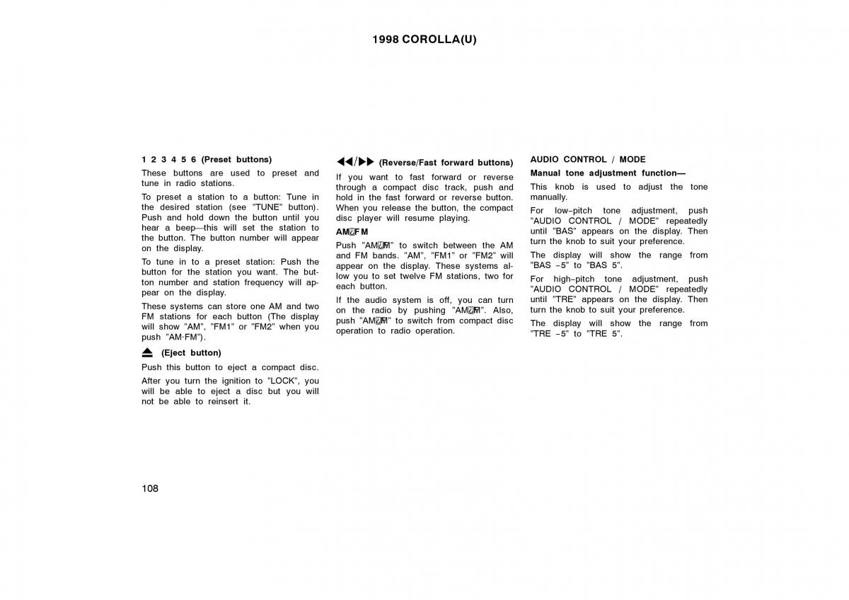 Toyota Corolla VIII 8 E110 owners manual / page 108