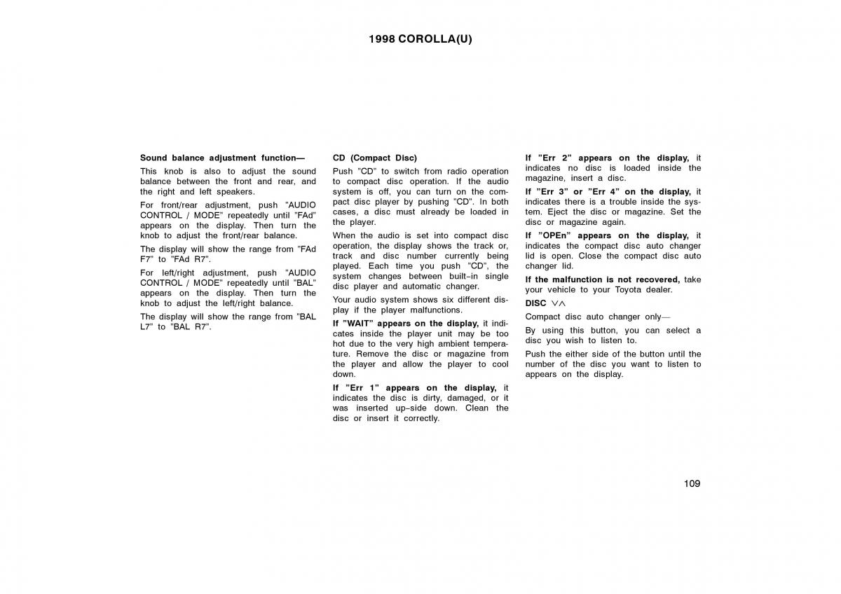 Toyota Corolla VIII 8 E110 owners manual / page 109