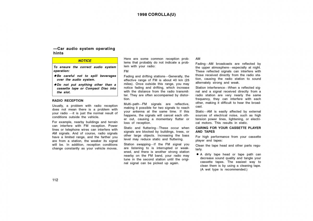 Toyota Corolla VIII 8 E110 owners manual / page 112