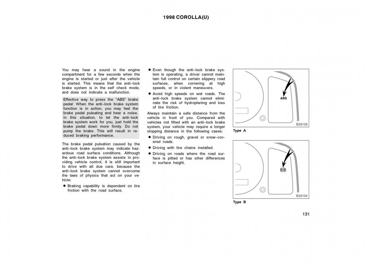 Toyota Corolla VIII 8 E110 owners manual / page 131