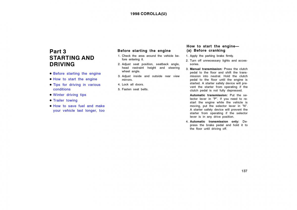 Toyota Corolla VIII 8 E110 owners manual / page 137