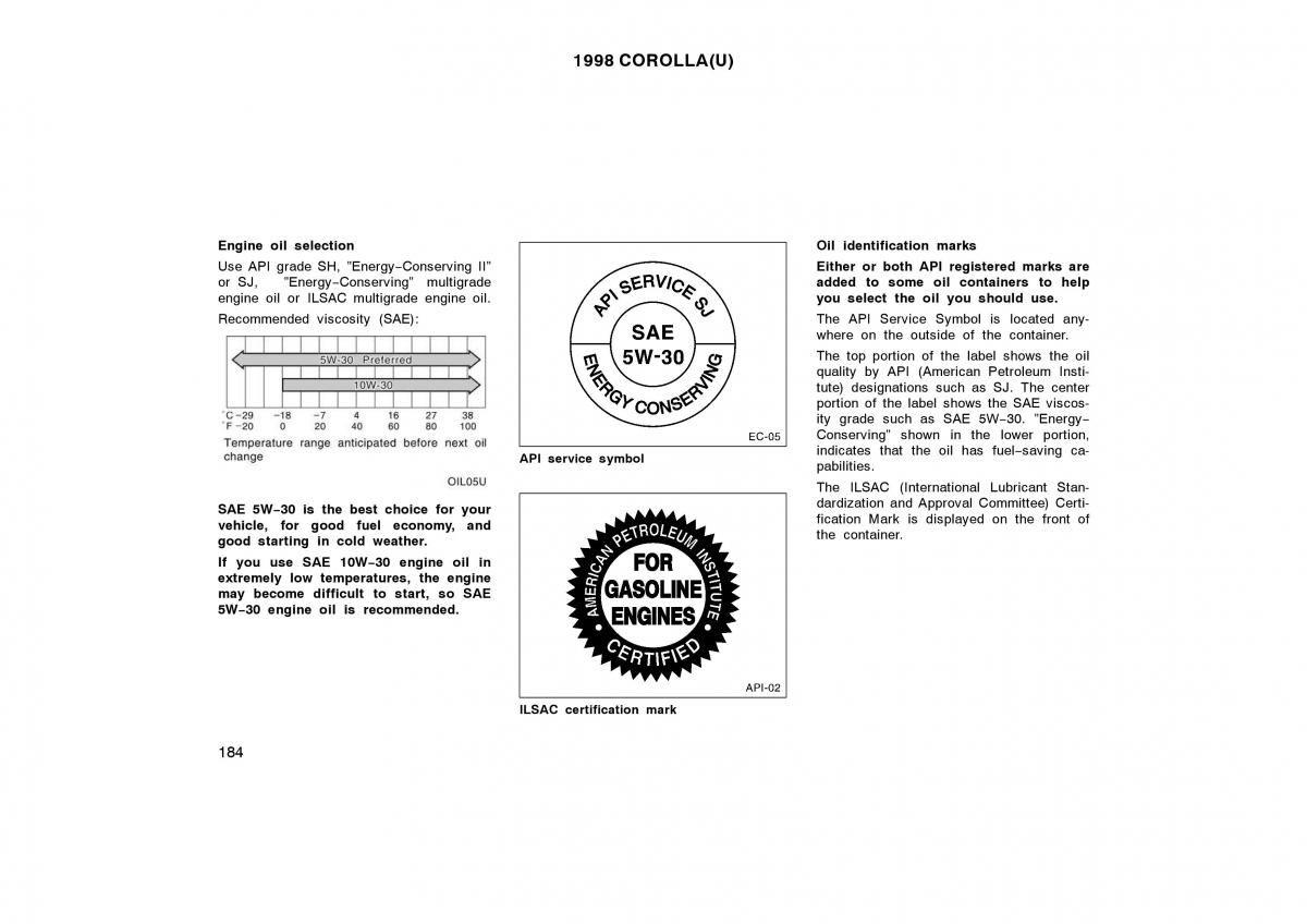 Toyota Corolla VIII 8 E110 owners manual / page 184