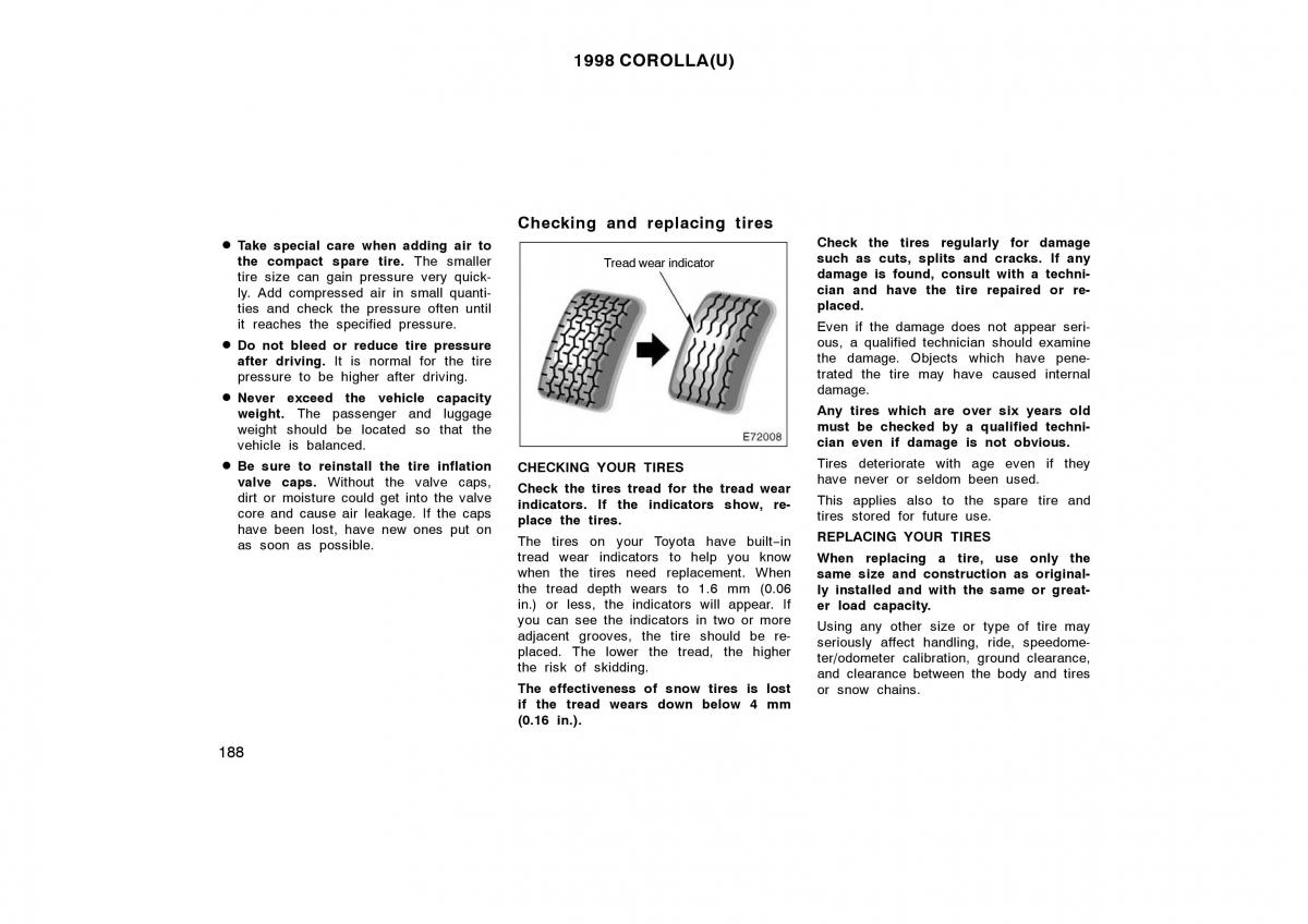 Toyota Corolla VIII 8 E110 owners manual / page 188