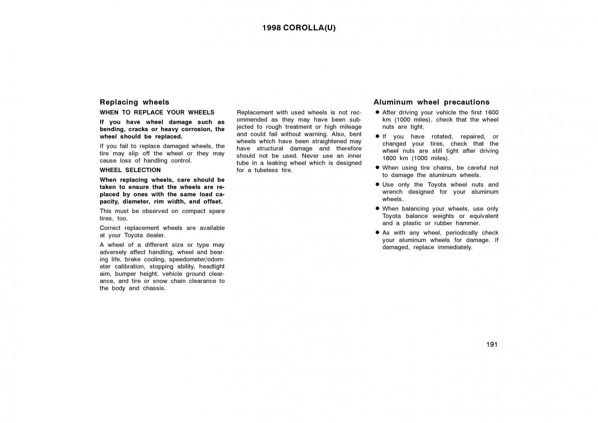 Toyota Corolla VIII 8 E110 owners manual / page 191