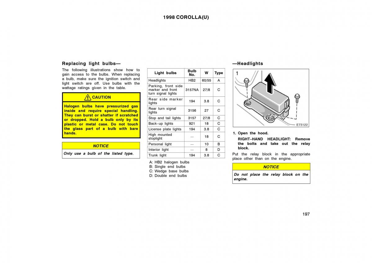 Toyota Corolla VIII 8 E110 owners manual / page 197