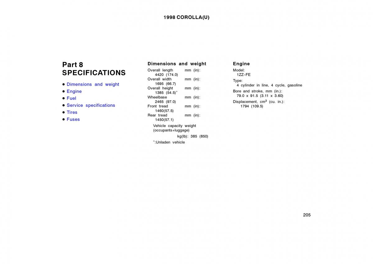 Toyota Corolla VIII 8 E110 owners manual / page 205