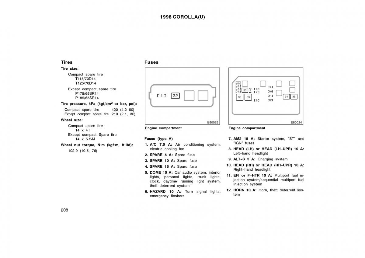 Toyota Corolla VIII 8 E110 owners manual / page 208