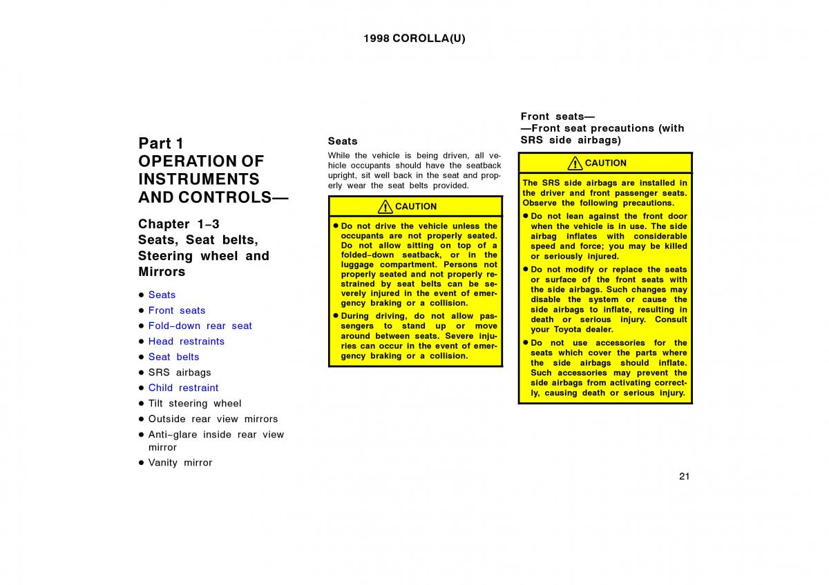 Toyota Corolla VIII 8 E110 owners manual / page 21