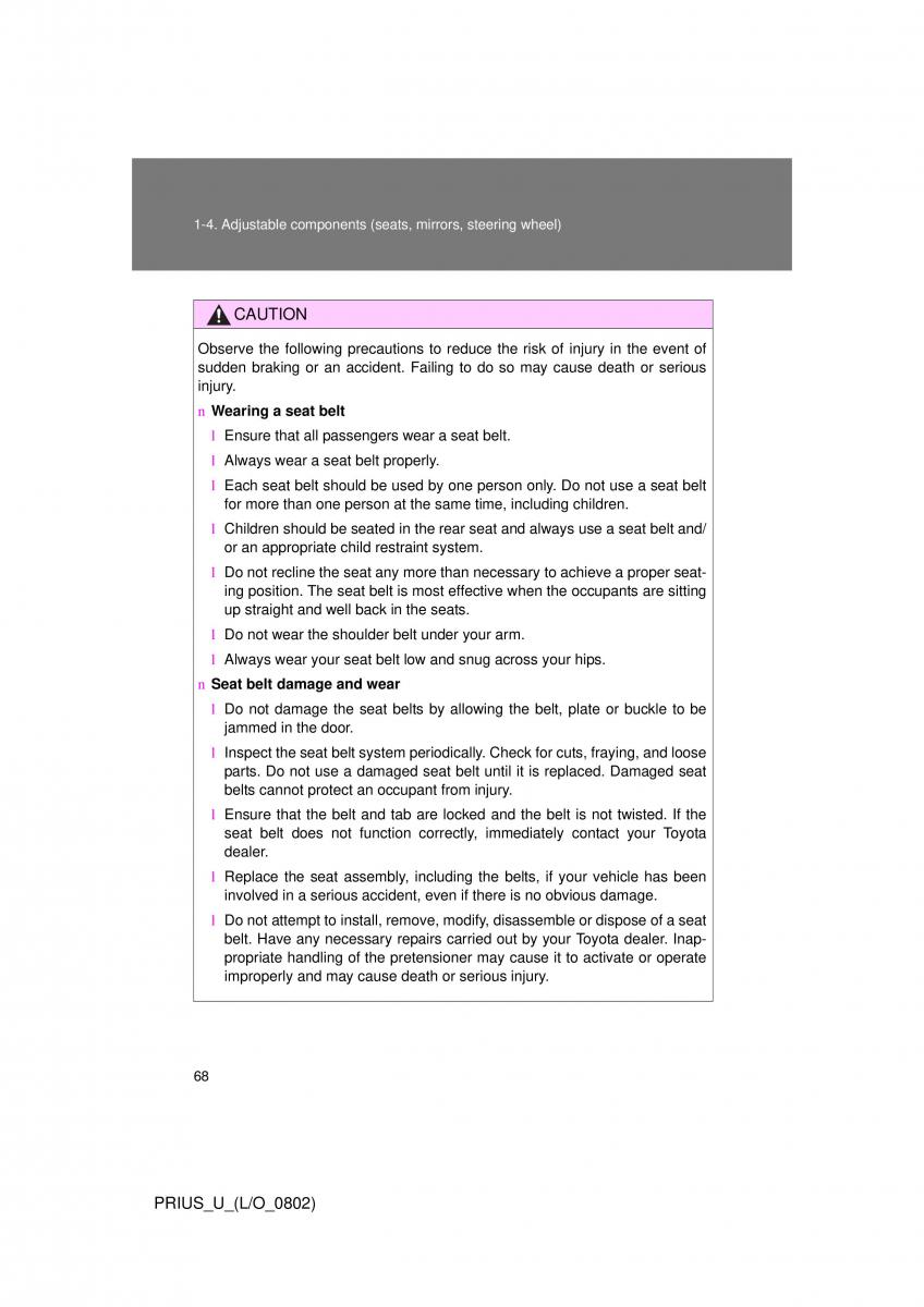 Toyota Prius II 2 NHW20 owners manual / page 62