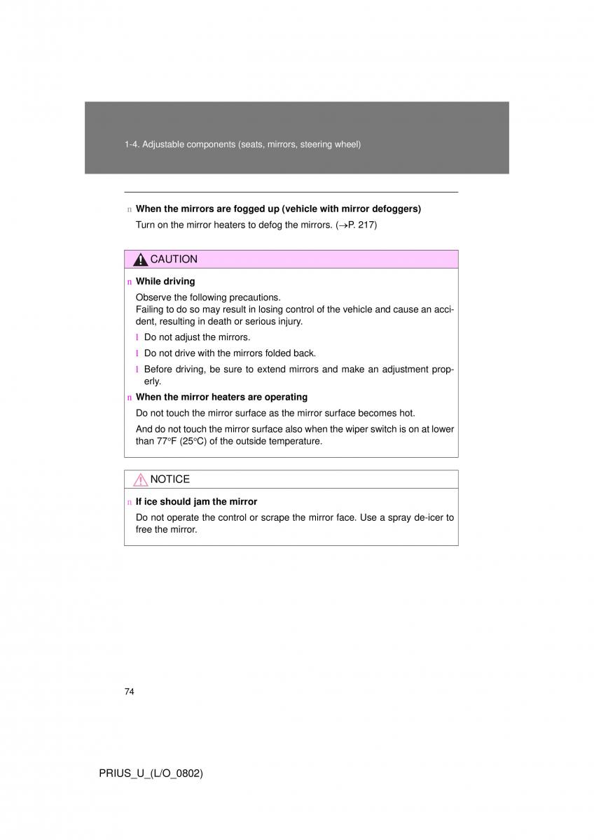 Toyota Prius II 2 NHW20 owners manual / page 68