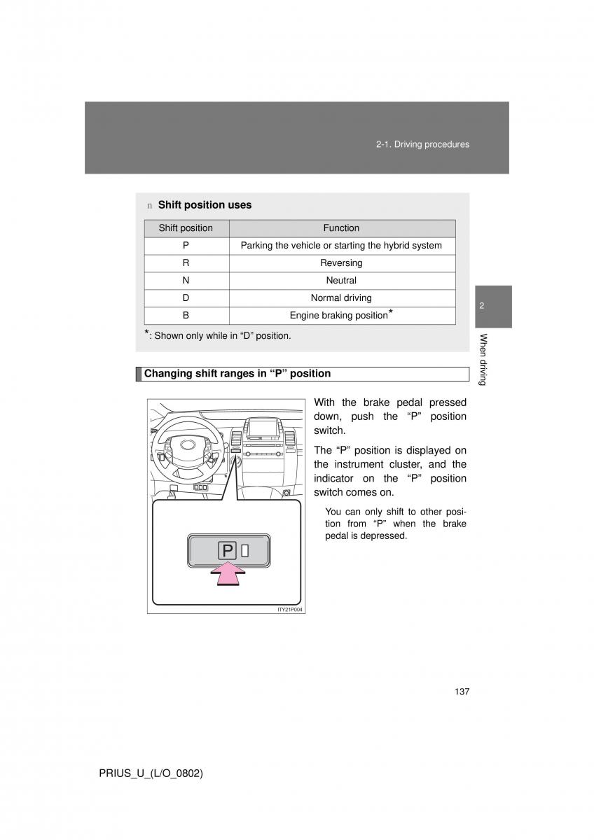 Toyota Prius II 2 NHW20 owners manual / page 130