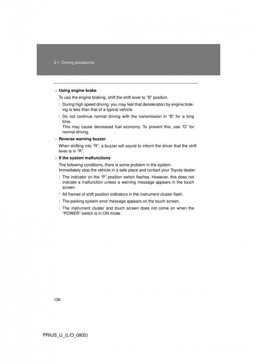 Toyota Prius II 2 NHW20 owners manual / page 131