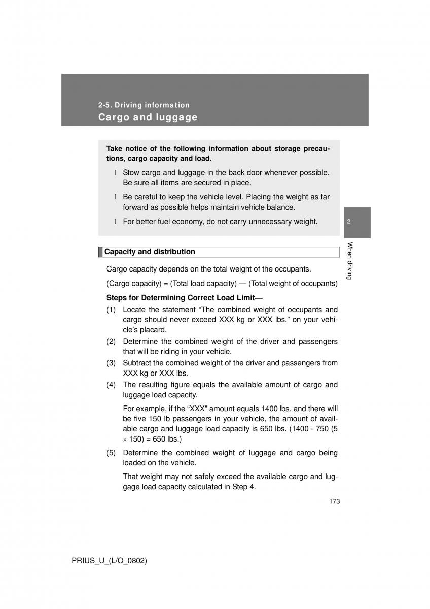 Toyota Prius II 2 NHW20 owners manual / page 166