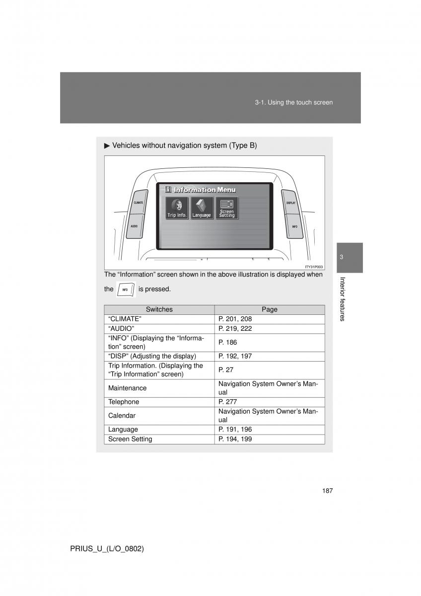 Toyota Prius II 2 NHW20 owners manual / page 178