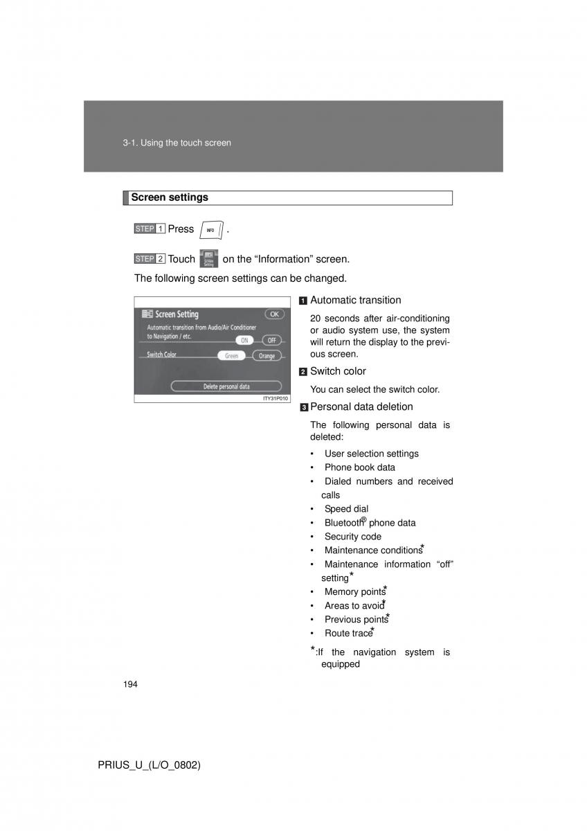 Toyota Prius II 2 NHW20 owners manual / page 185