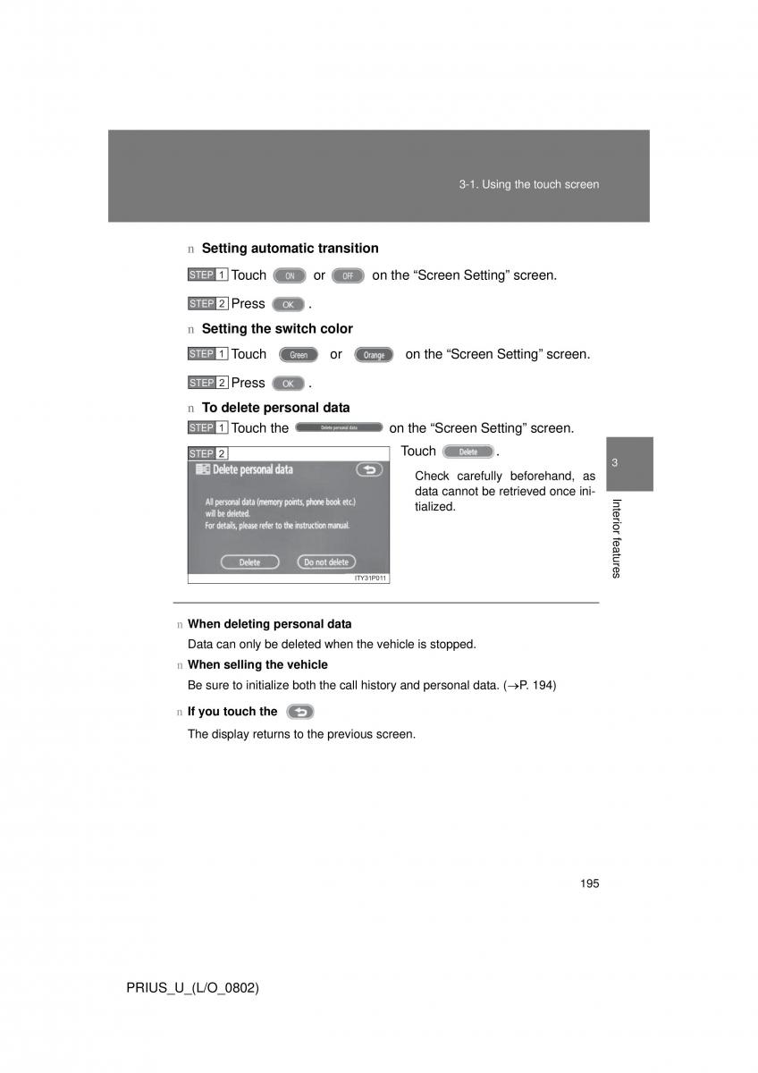 Toyota Prius II 2 NHW20 owners manual / page 186