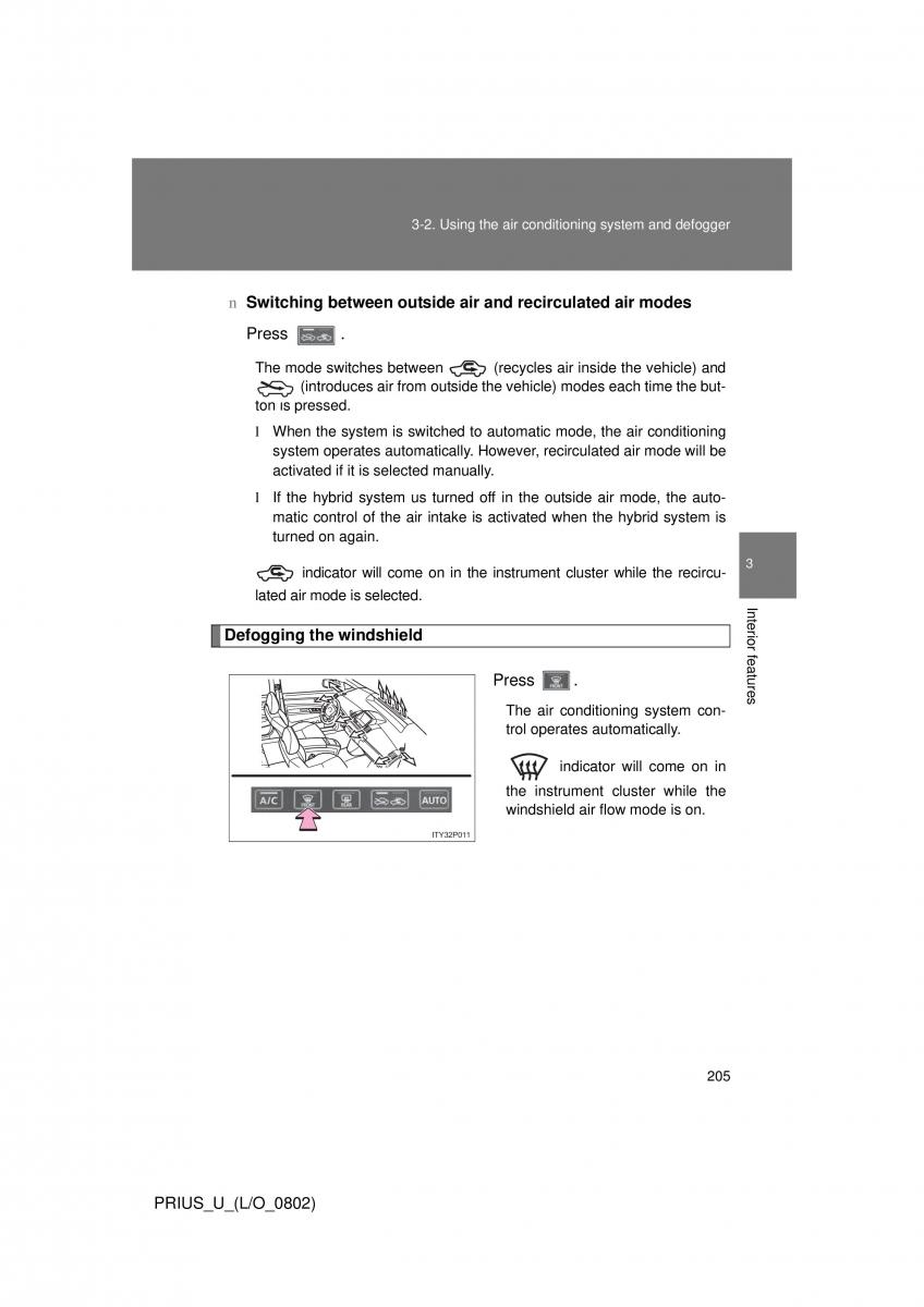 Toyota Prius II 2 NHW20 owners manual / page 196