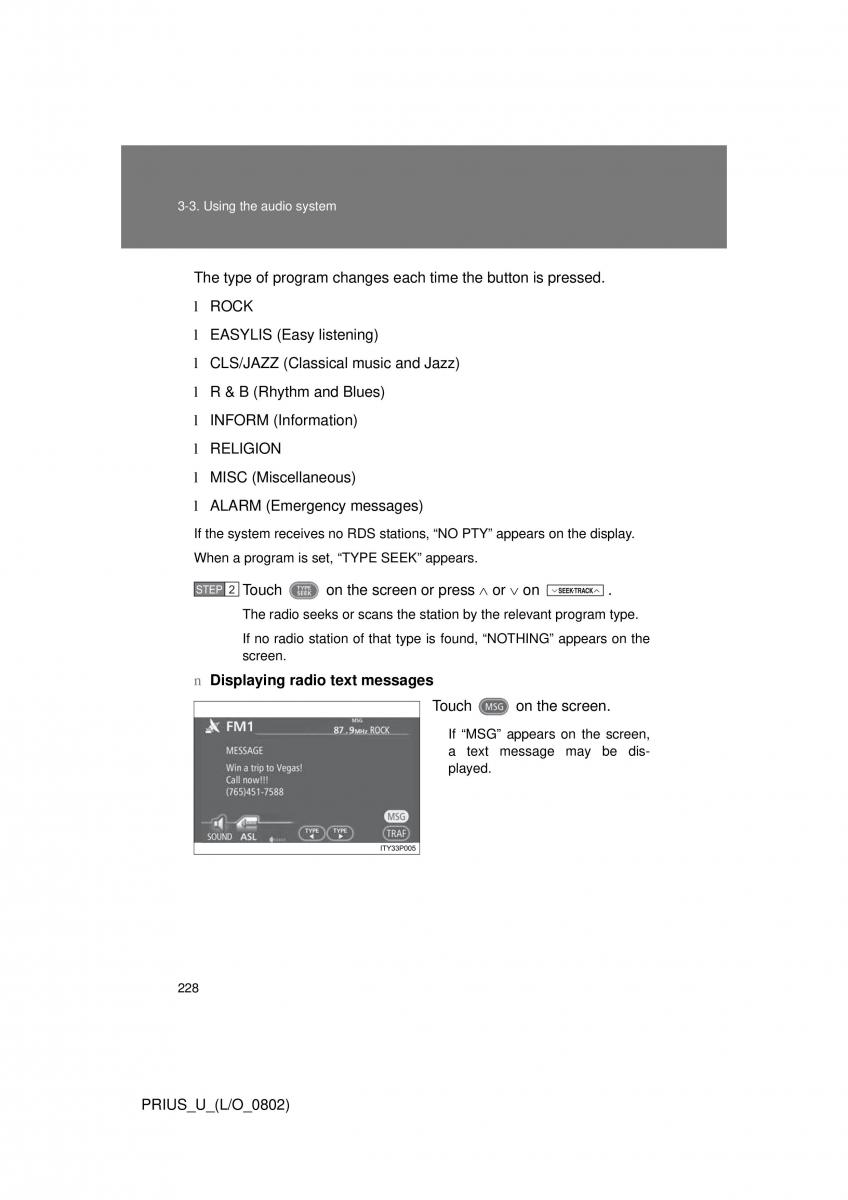 Toyota Prius II 2 NHW20 owners manual / page 219