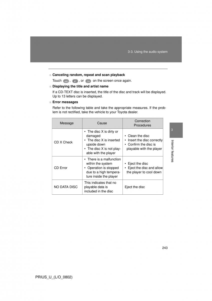 Toyota Prius II 2 NHW20 owners manual / page 234