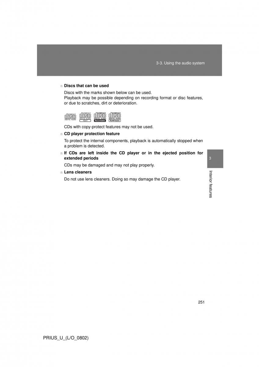 Toyota Prius II 2 NHW20 owners manual / page 242