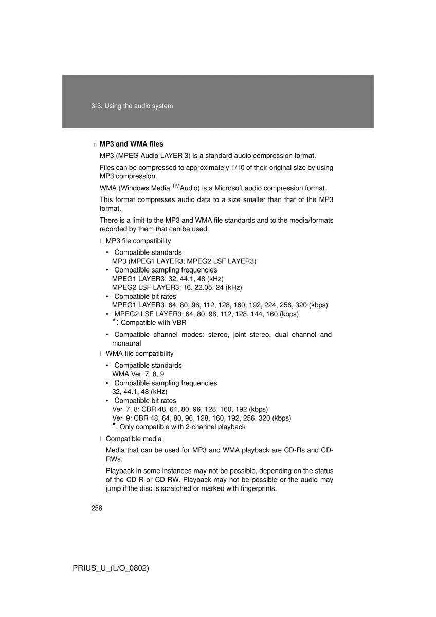 Toyota Prius II 2 NHW20 owners manual / page 249