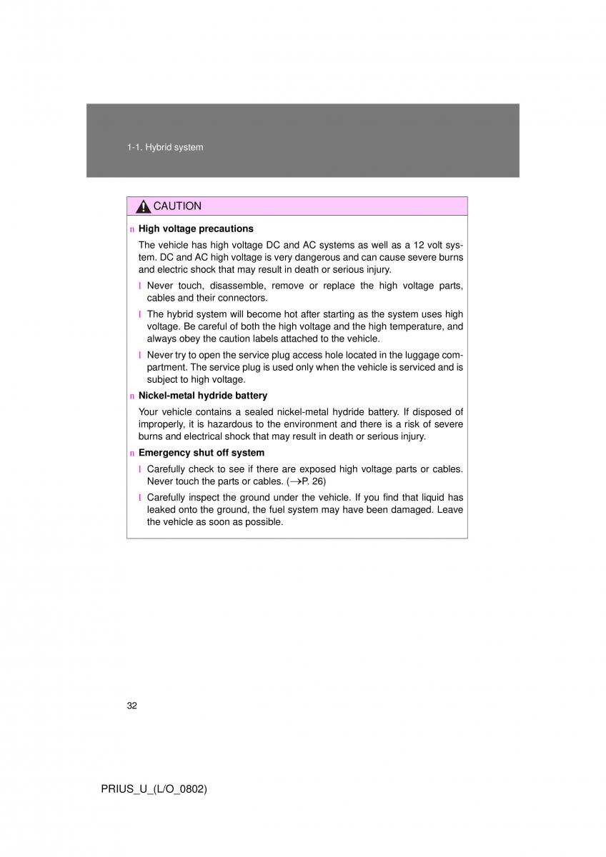 Toyota Prius II 2 NHW20 owners manual / page 26