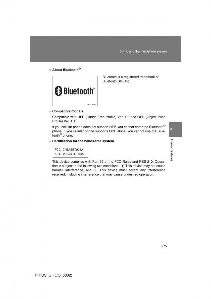 Toyota Prius II 2 NHW20 owners manual / page 266