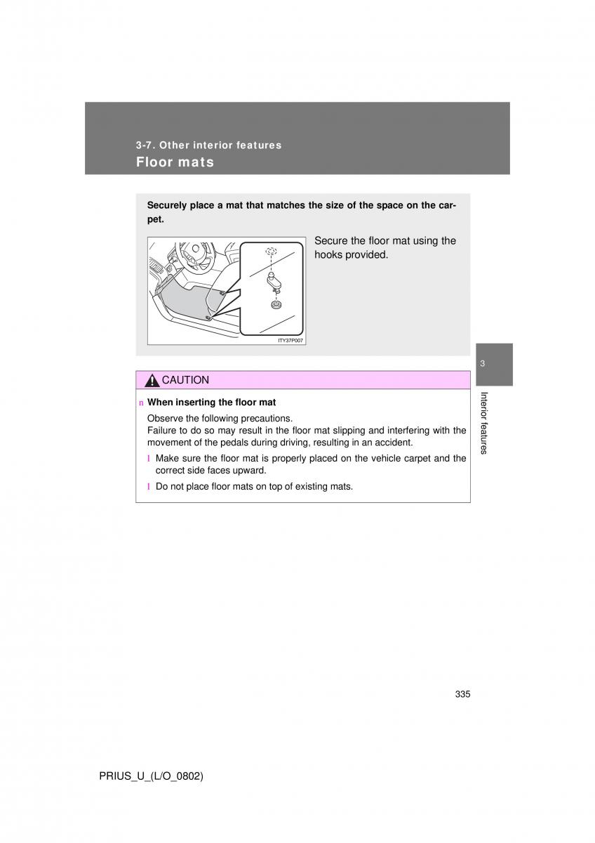 Toyota Prius II 2 NHW20 owners manual / page 326