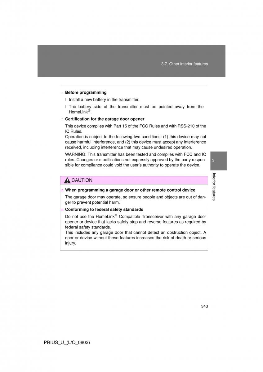 Toyota Prius II 2 NHW20 owners manual / page 334