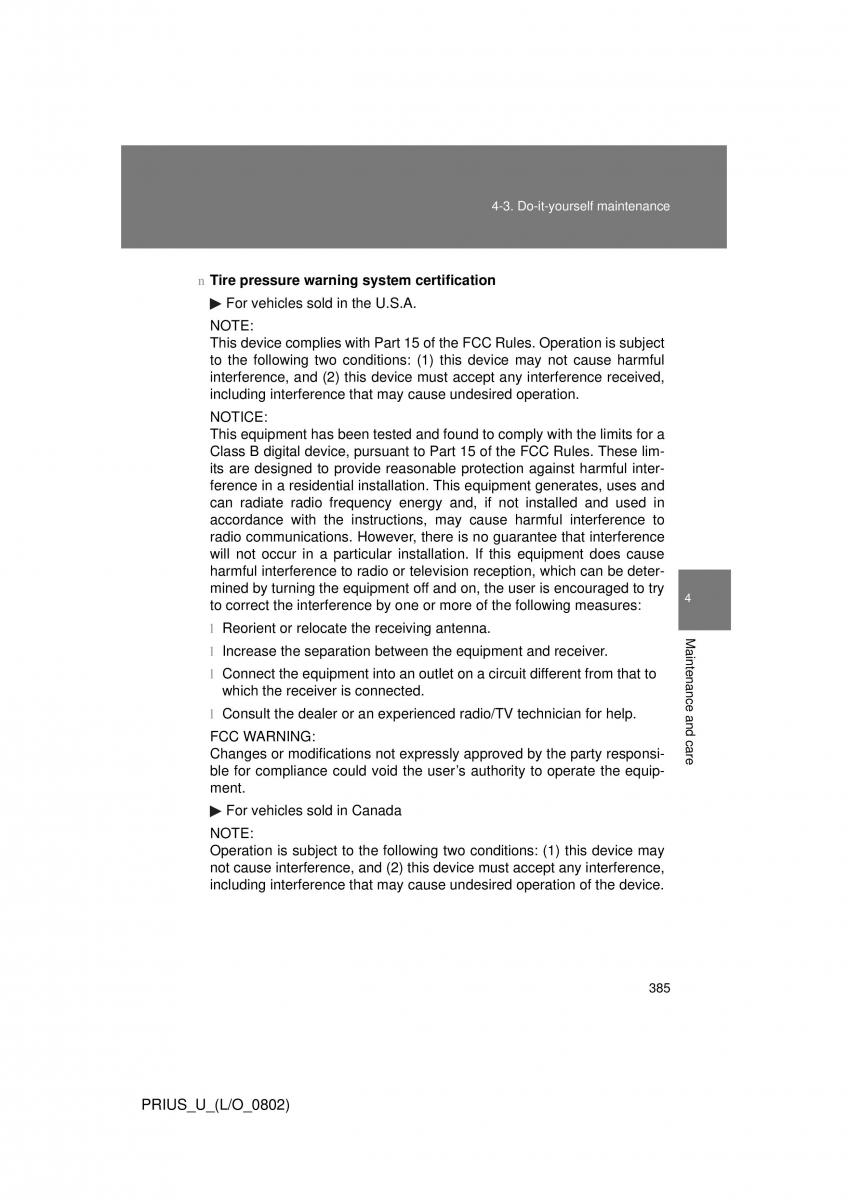 Toyota Prius II 2 NHW20 owners manual / page 375