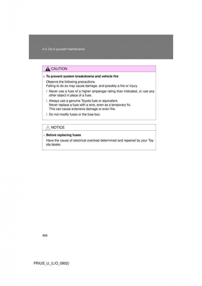 Toyota Prius II 2 NHW20 owners manual / page 396
