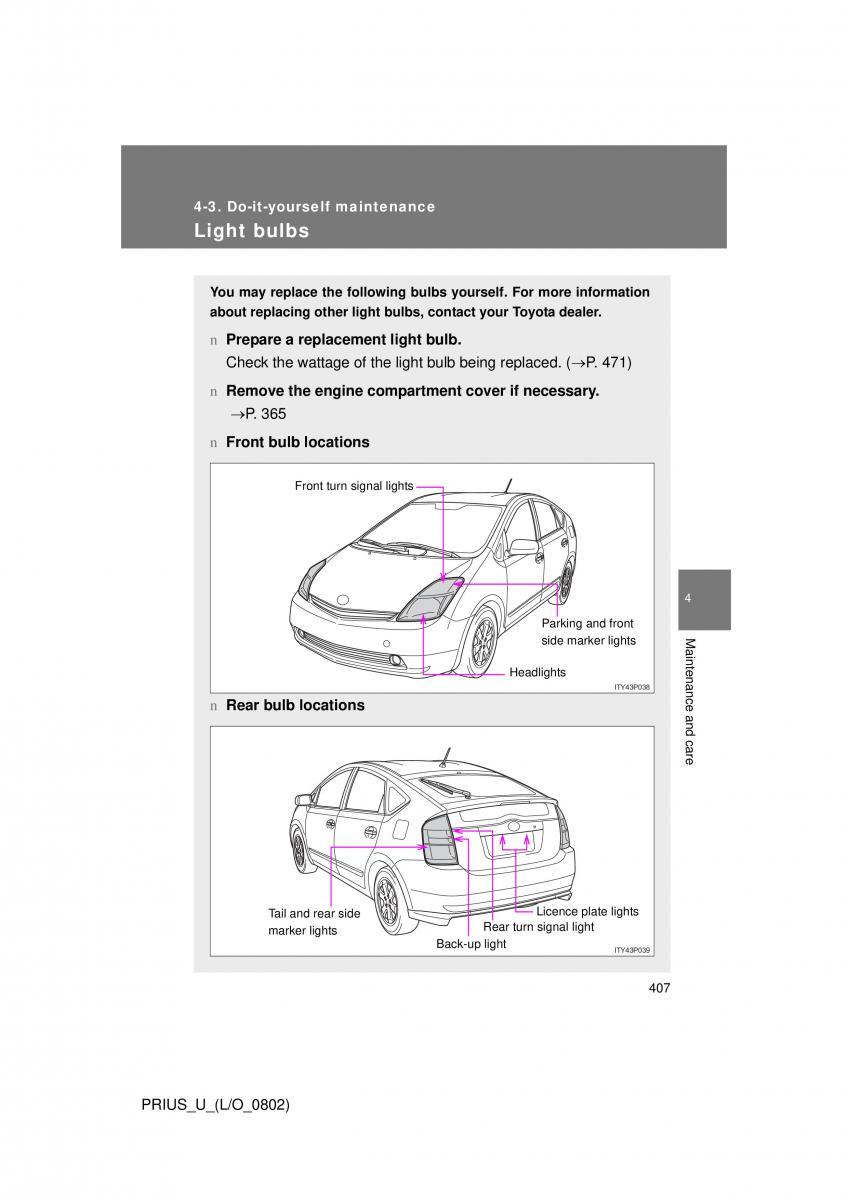 Toyota Prius II 2 NHW20 owners manual / page 397