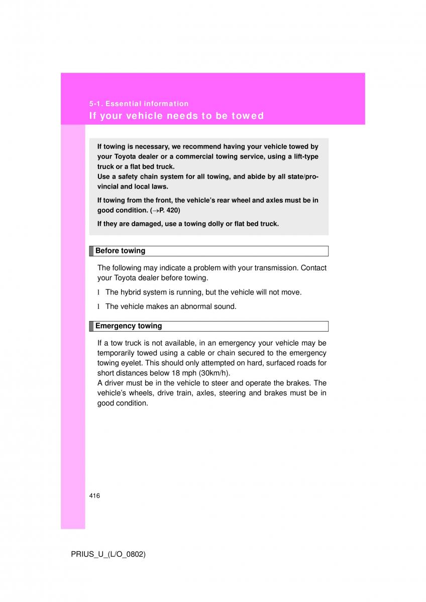 Toyota Prius II 2 NHW20 owners manual / page 405